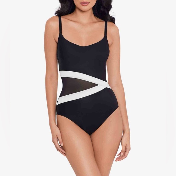 New Miraclesuit Lyra One Piece Swimsuit Spectra Black Contrast Mesh Side Sz 10 - Picture 1 of 12